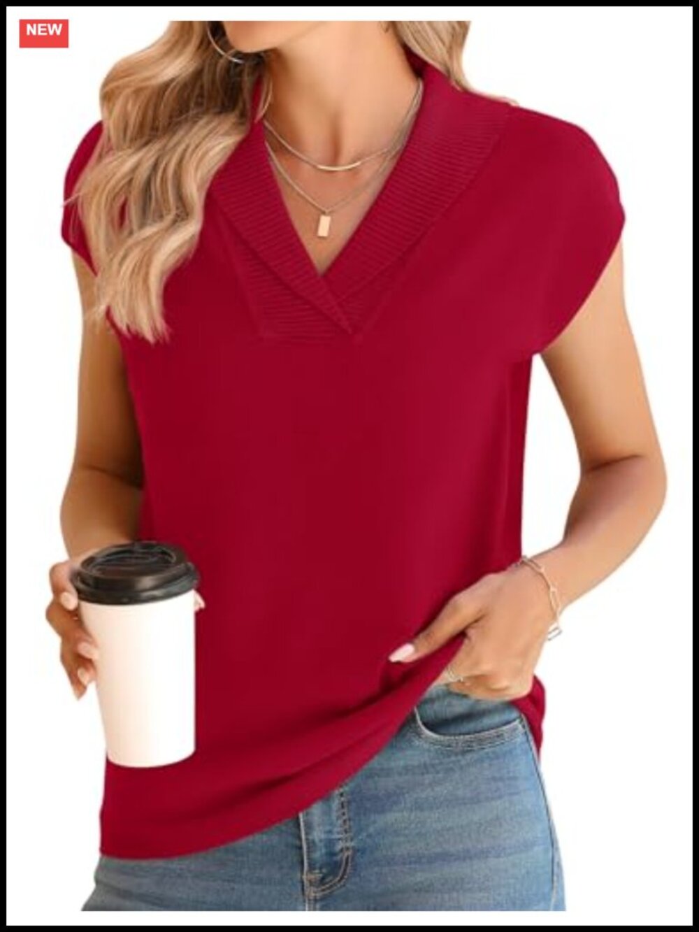 Women's V-Neck Sweater Vest Pullover Short Cap Sleeve Knit Tank Top Dressy